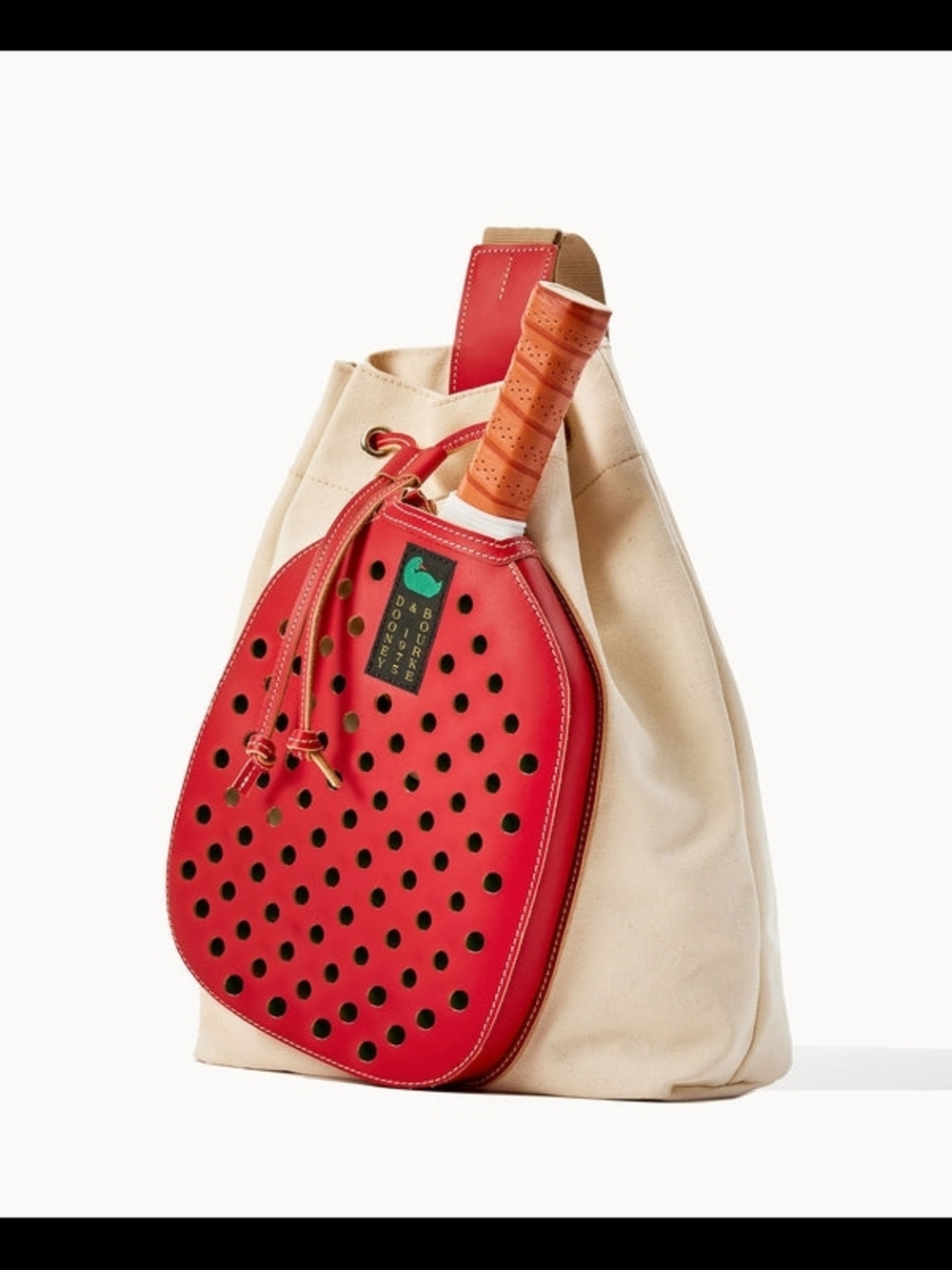 Canvas Tote with Red Perforated Paddle Pocket -